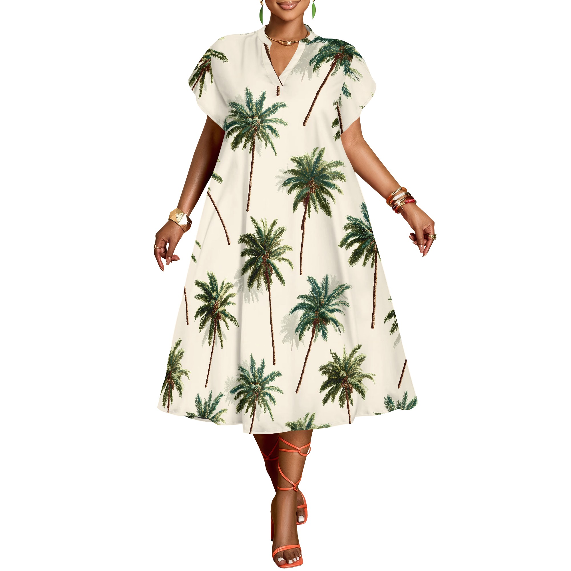 Palm Tree Print V-Neck Dress,  - огляд і ціна Summer Clothing Resort